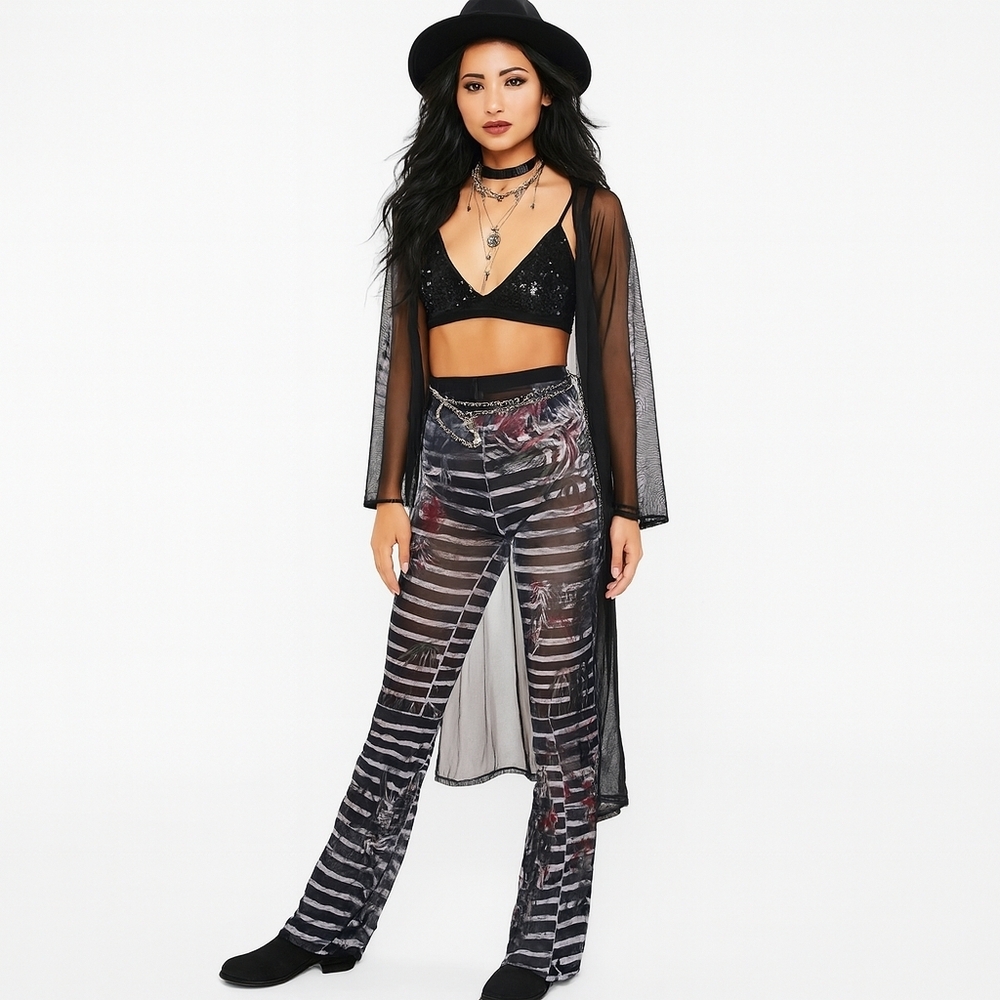 Sheer Tattoo Print Flared Mesh Leggings Y2K Nautical XL
